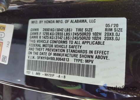 2020 Honda Pilot Awd Touring 8 Passenger из США, поврежденный, VIN 5FNYF6H90LB064813